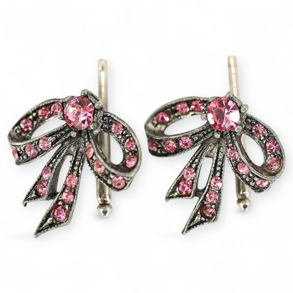 Vintage Feminine Unisex Cuff Links Bows With Pink Rhinestones Romantic Look